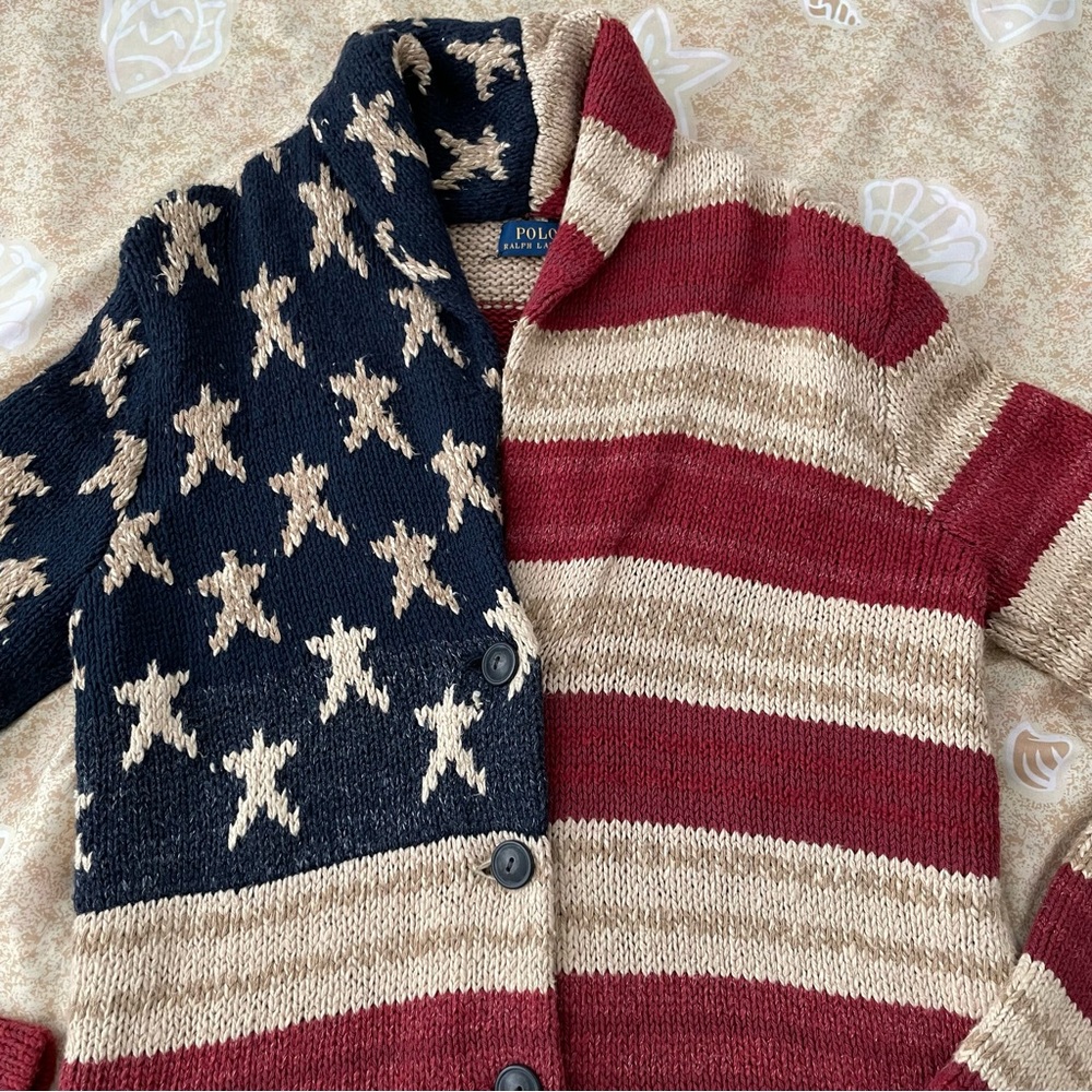 Women’s Polo Ralph Lauren American Flag Chunky Knit Cardigan Sweater Size SP - Picture 3 of 14